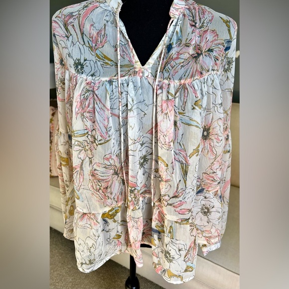 Lucky Brand Tops - Lucky Brand White Floral Tie-Neck Peasant Blouse with Pink and Green Print